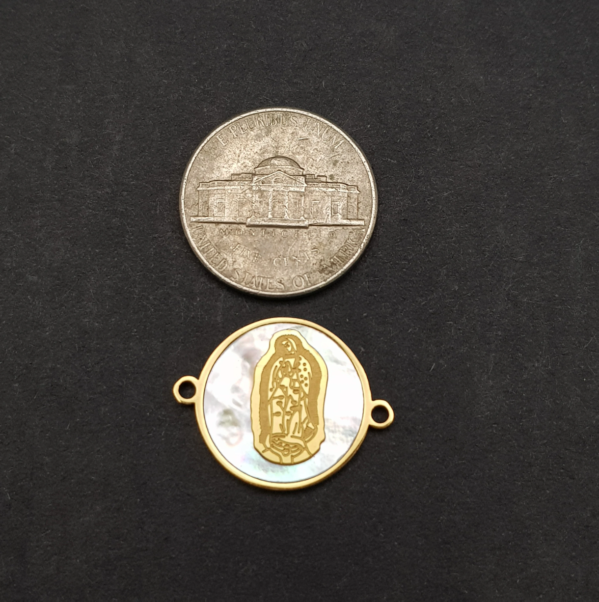 Our Lady of Guadalupe Mother Pearl Shell Stainless Steel Medal Bracelet Connector