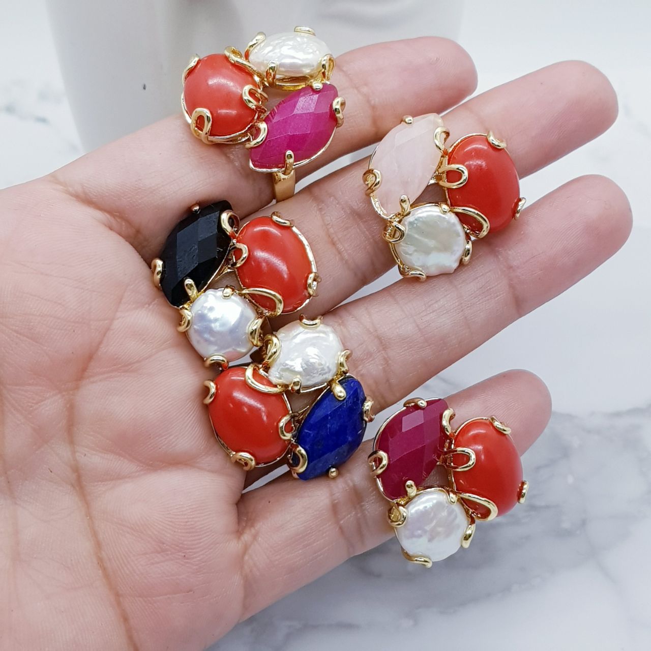 Coral Pearl & Stone Goldplated Ring