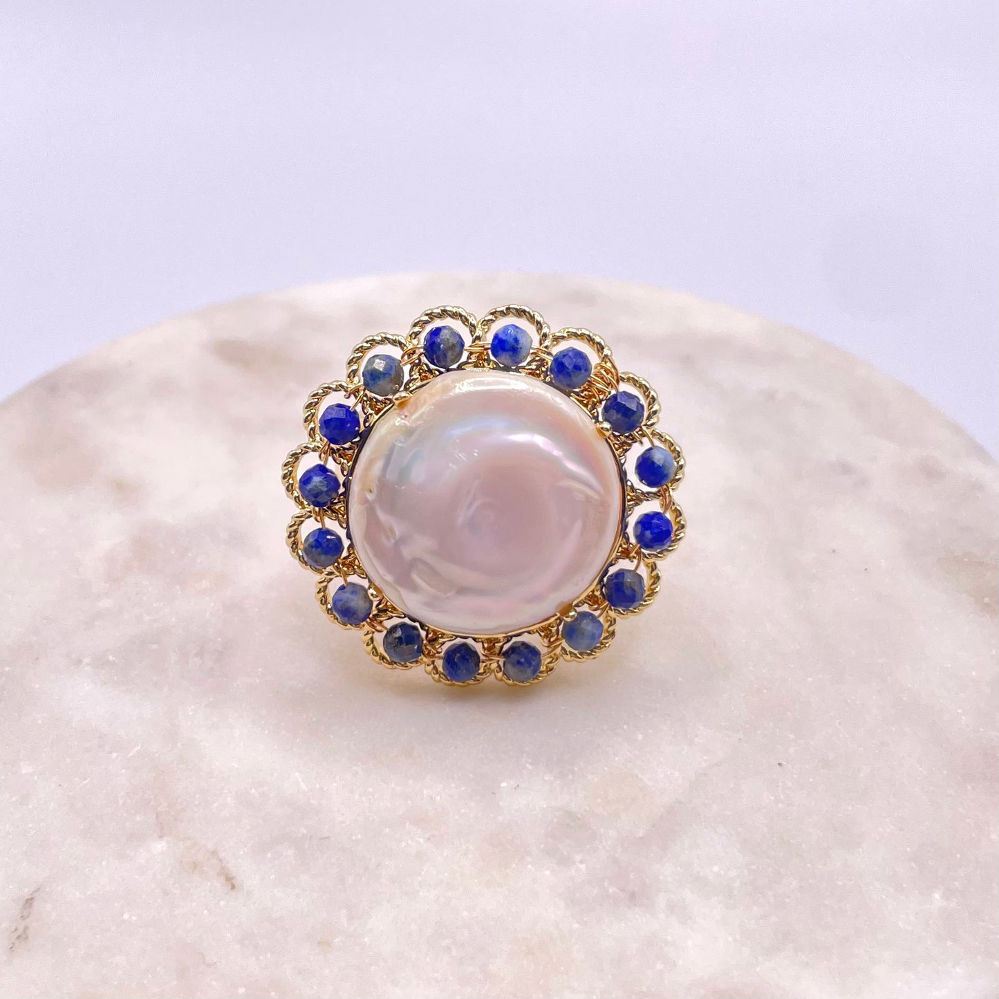 Flower Beaded Baroque Pearl Gold Plated Ring