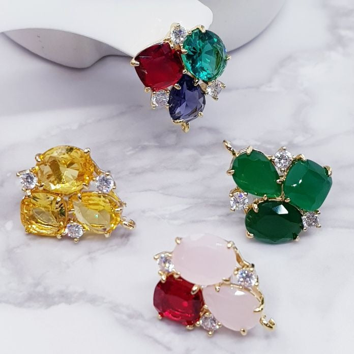 Three Stone & Zircon Gold Plated Earrings