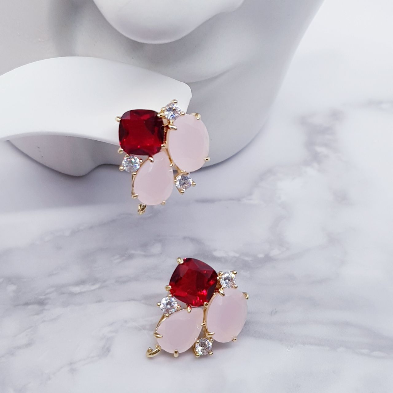 Three Stone & Zircon Gold Plated Earrings