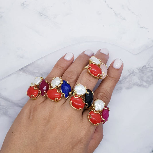 Coral Pearl & Stone Goldplated Ring