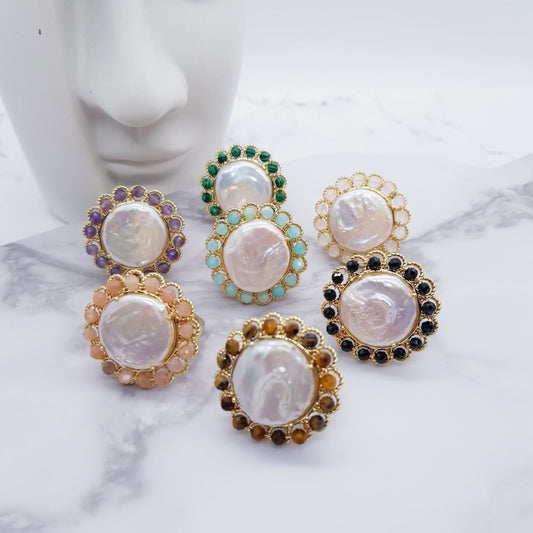 Flower Beaded Baroque Pearl Gold Plated Ring