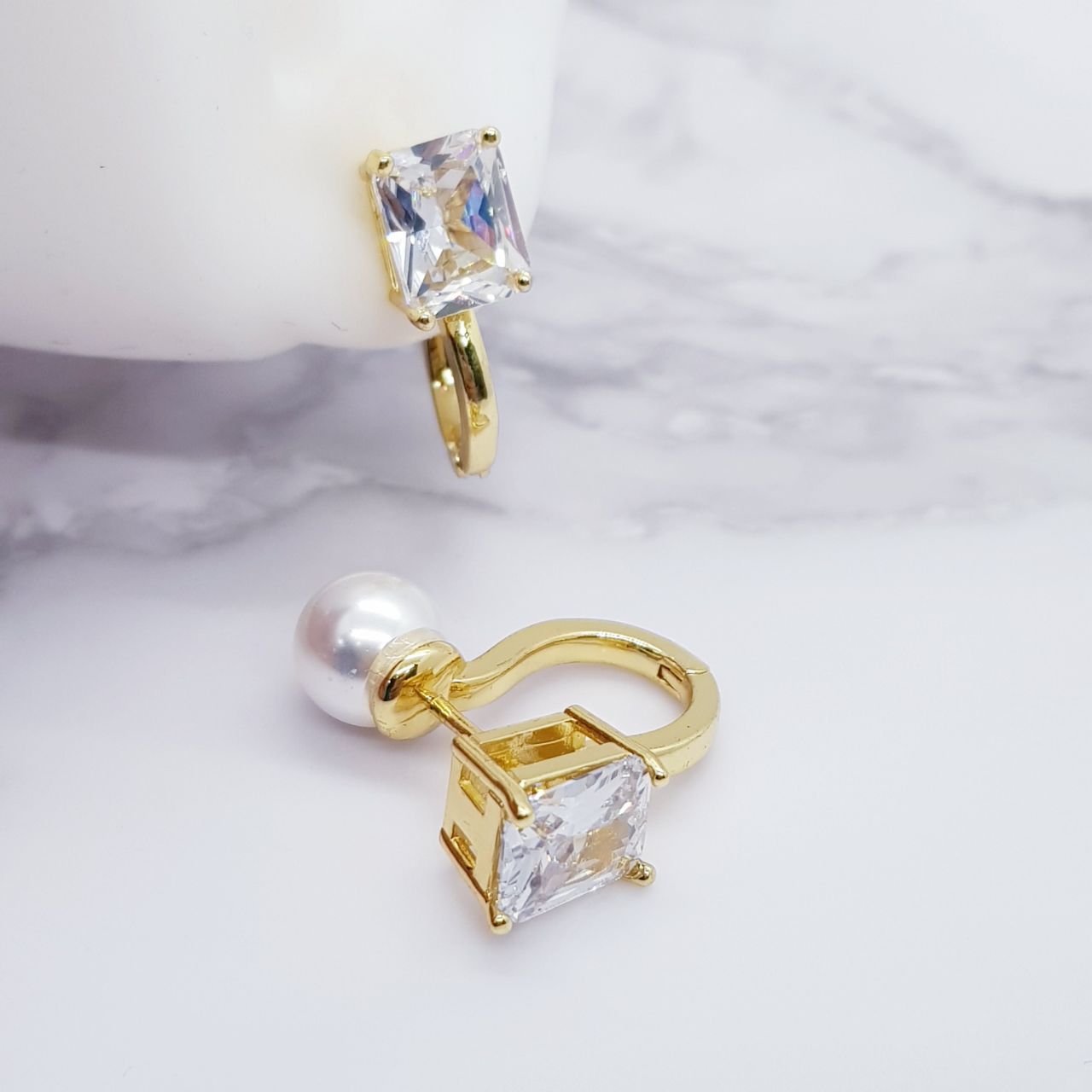 Diamond Pearl Double Side Gold Plated Earring